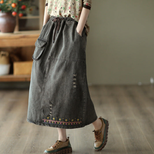 Vintage Embroidered Ripped Denim Slim A-Line Skirt