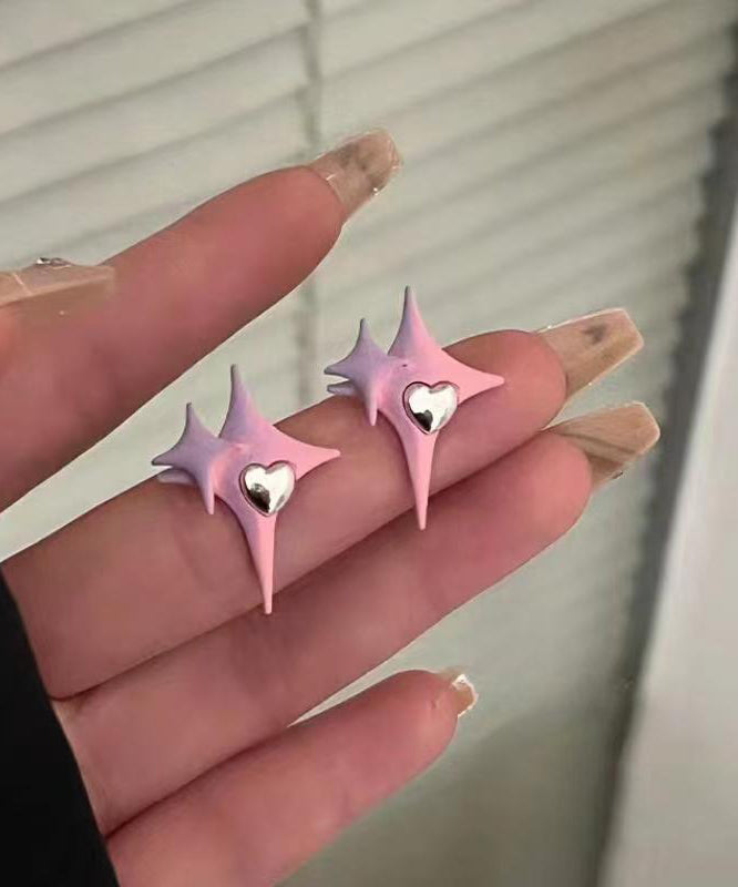 Cute Pink Alloy Star Love Stud Earrings