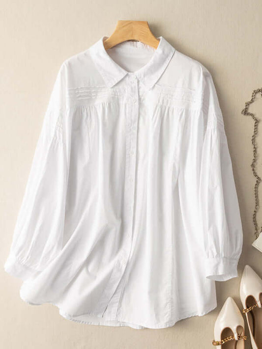 100% Natural Fabric Pleated Long-Sleeved Loose Casual Shirt