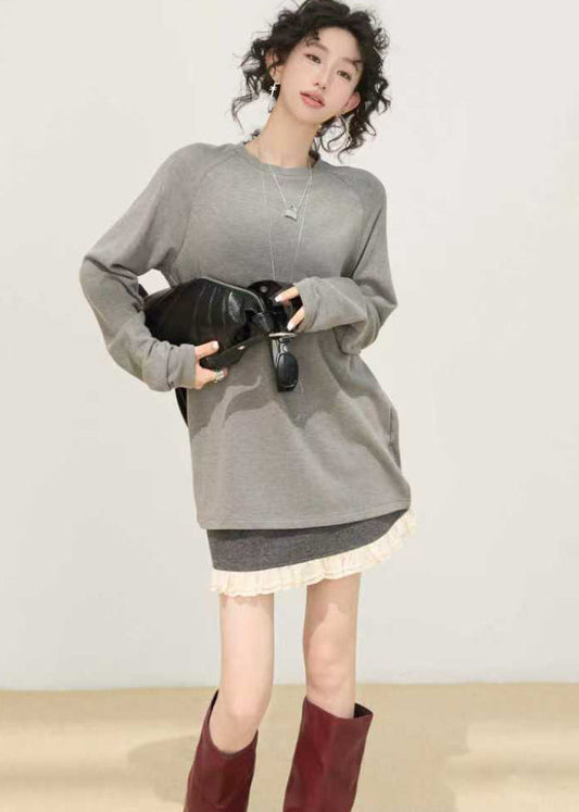Loose Grey O-Neck Tie Dye Cotton Shirt Spring