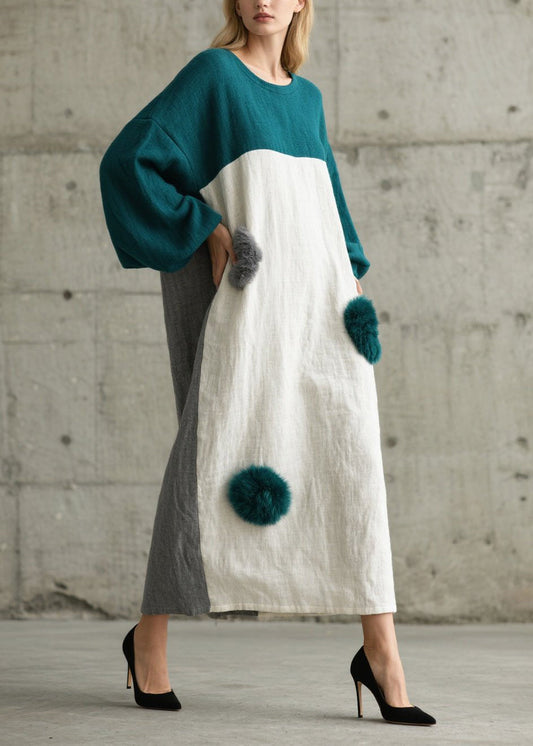 Colorblock Patchwork Cotton Robe Dresses Oversized Fuzzy Ball Decorated Fall