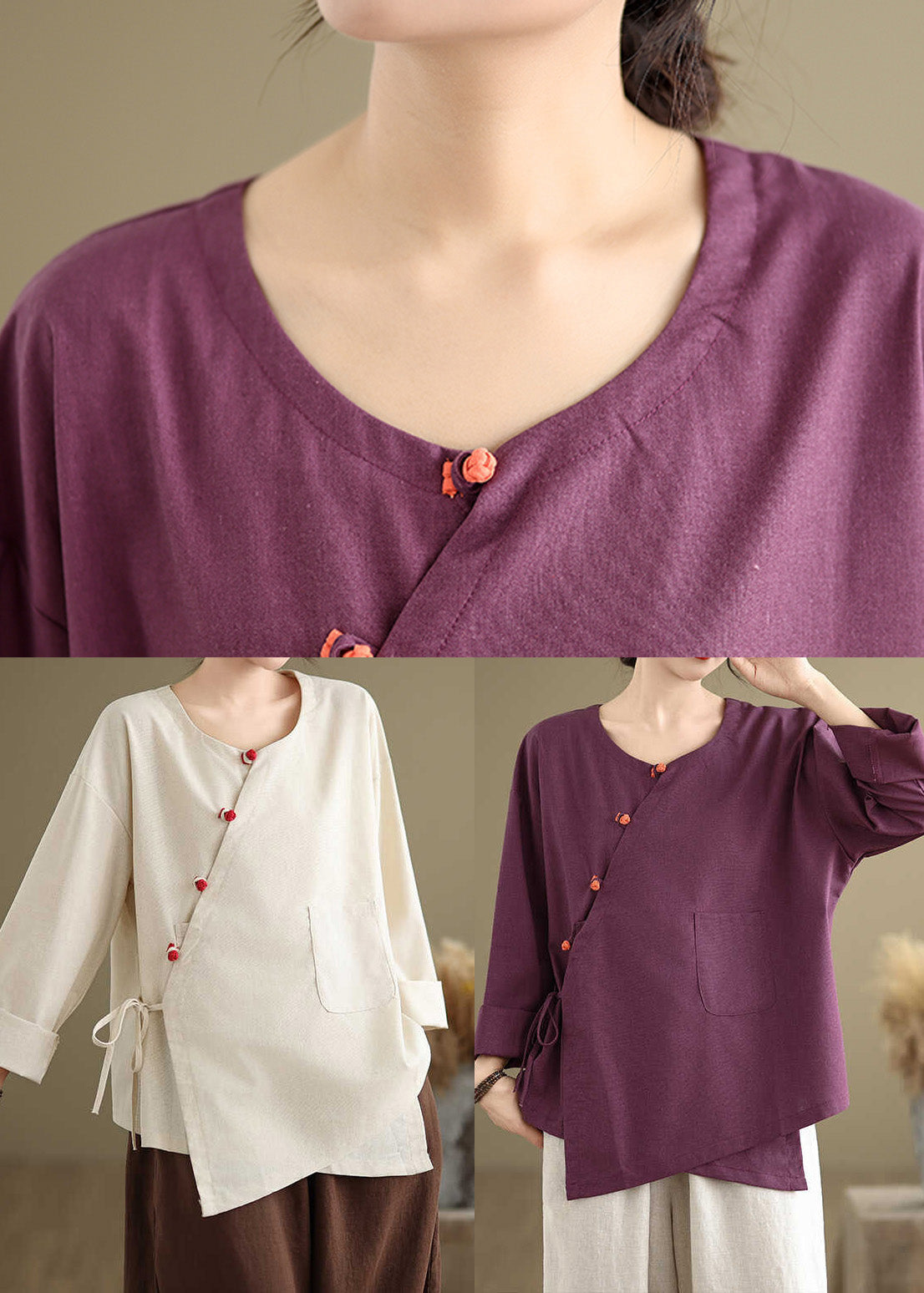 Vintage Purple Oversized Tie Waist Linen Shirts Spring