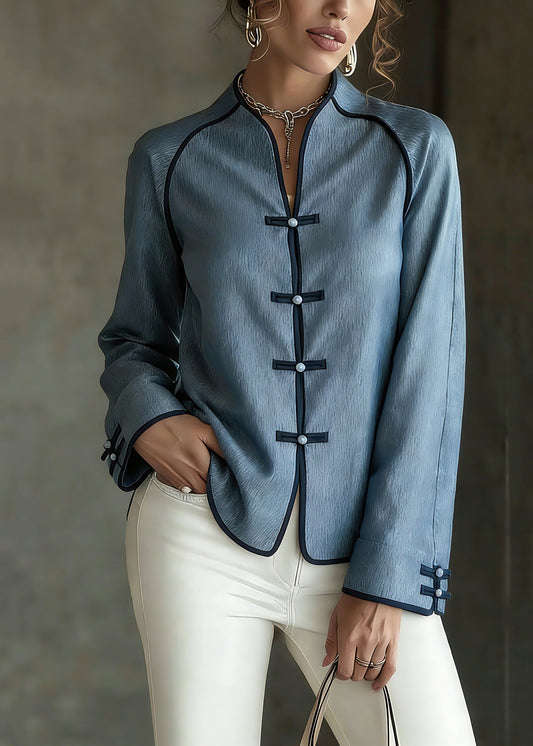French Blue V Neck Button Solid Shirts Spring