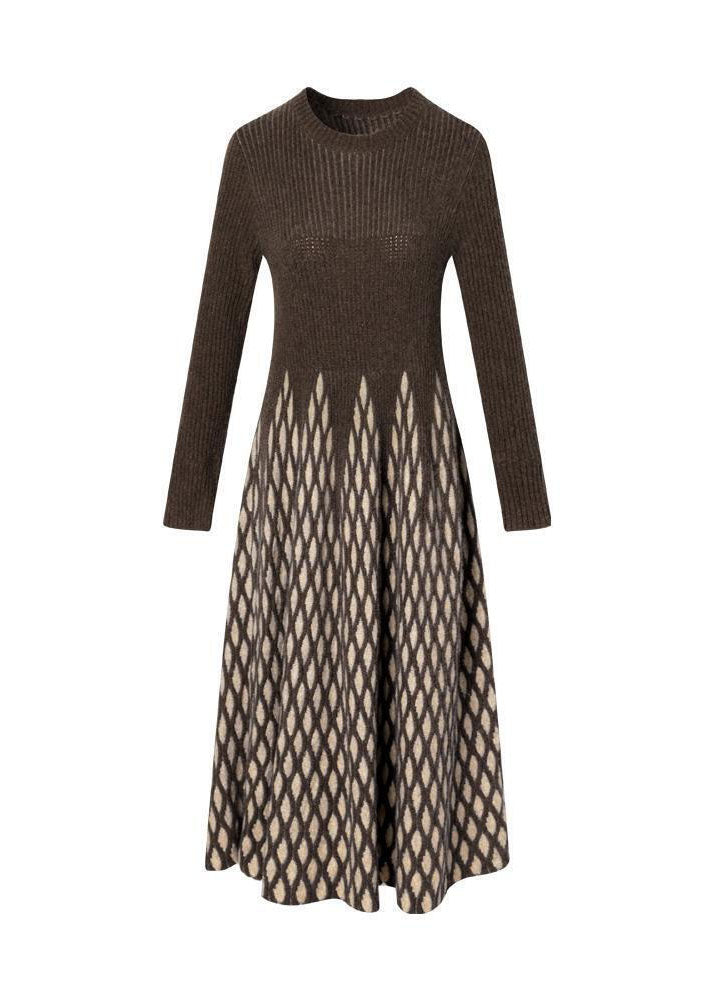 Coffee Plaid Knit Sweater Dress Exra Large Hem Long Sleeve