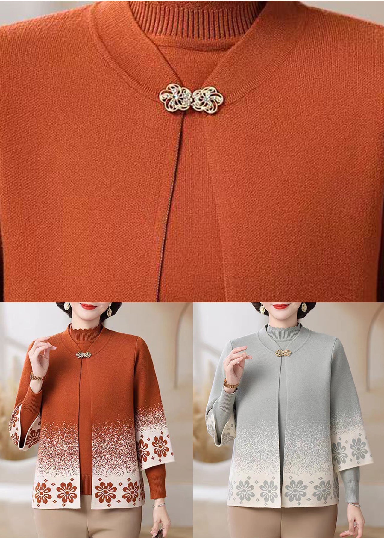 Classy Light Grey Print Cotton Knit Coats And Sweater Two Pieces Set Three Quarter Sleeve