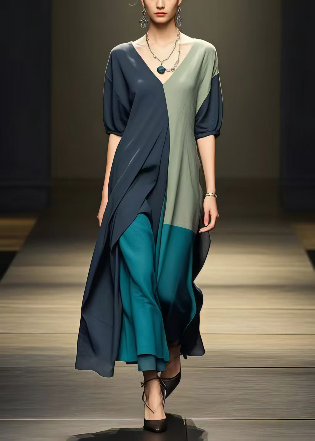 Black Patchwork Cotton Dress Asymmetrical Design Summer
