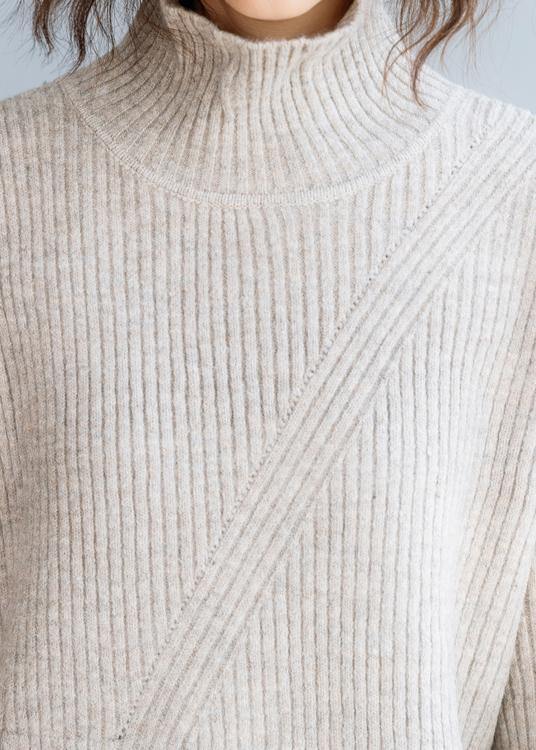 For beige knitted top plus size high neck knit wear front open