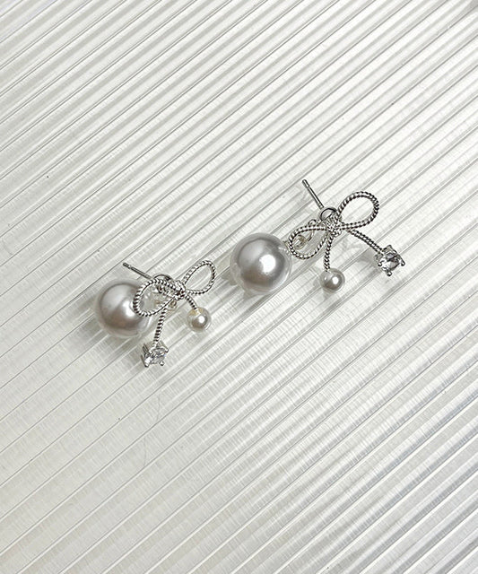 Chic Grey Alloy Pear Bow Stud Earrings