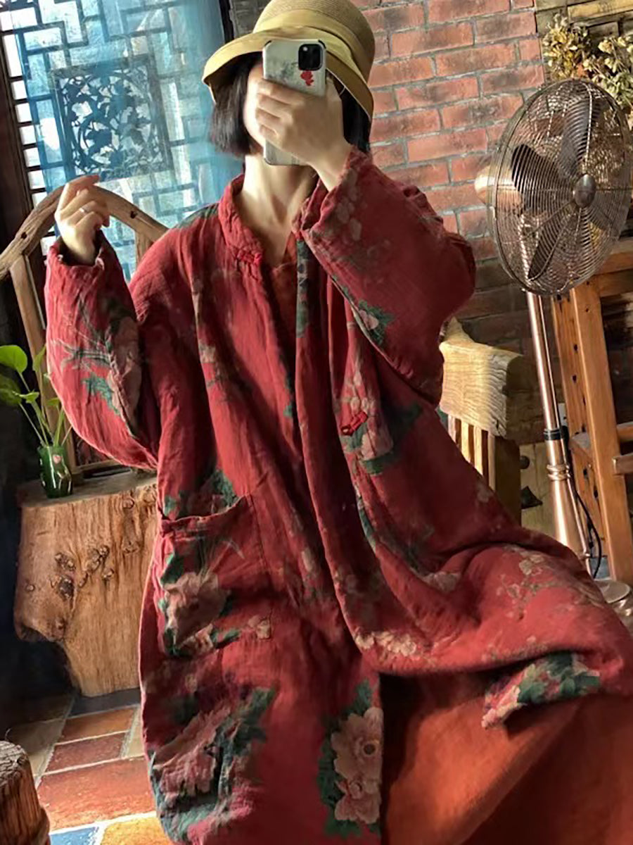Women Winter Vintage Double Cotton Yarn Loose Stand Collar Coat