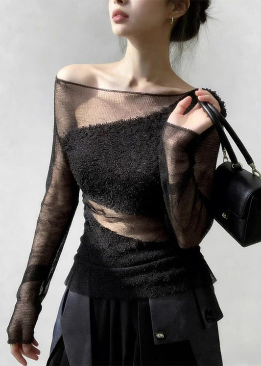 Black Tulle Patchwork Knit Sweater Cold Shoulder