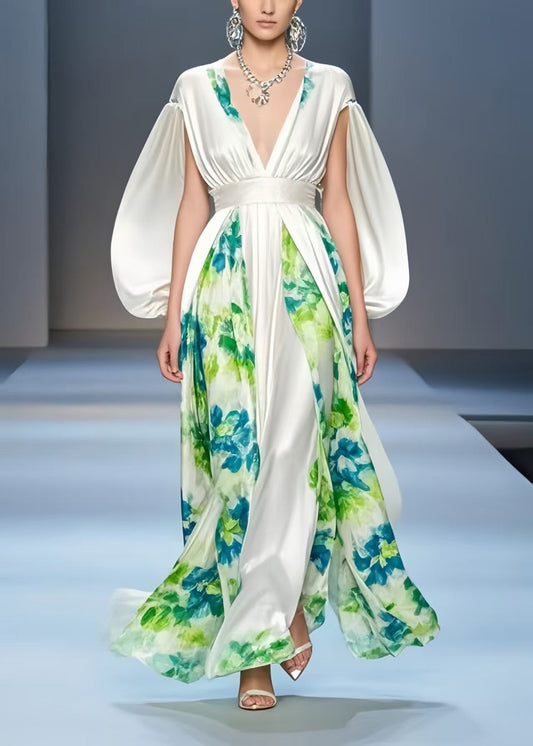 Beautiful White Cinched Patchwork Silk Dress Cloak Sleeves