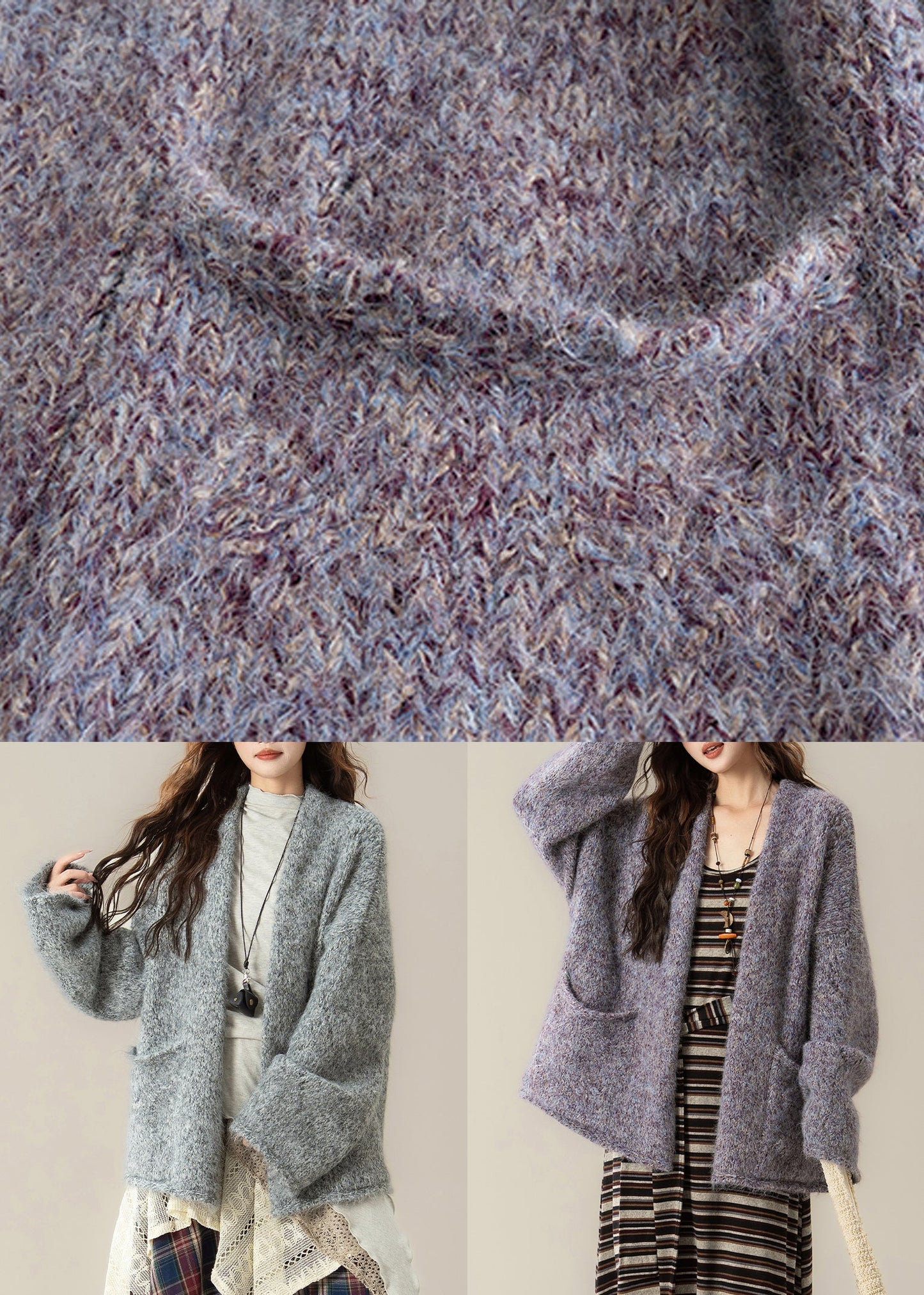 Loose Grey V Neck Pockets Solid Knit Cardigans Spring
