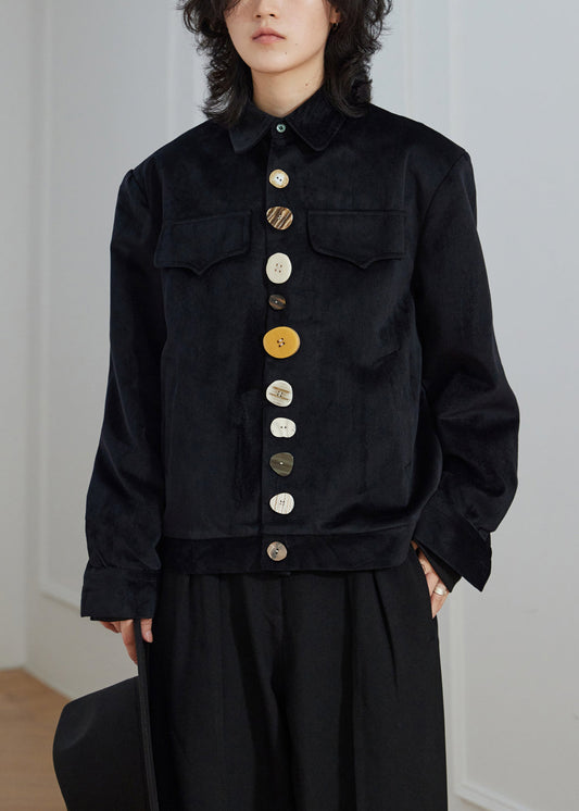 New Black Peter Pan Collar Button Pockets Corduroy Jackets Fall