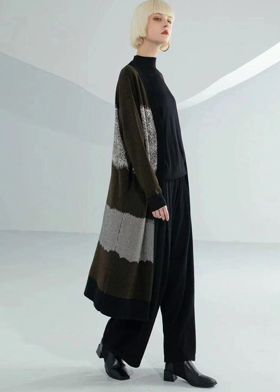 Unique Coffee Green V Neck Patchwork Print Wool Knit Cardigan Long Sleeve