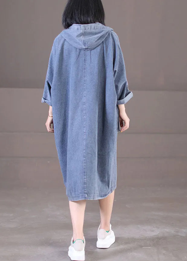 Plus Size Denim Blue Hooded Pockets Cotton Long Dress Long Sleeve