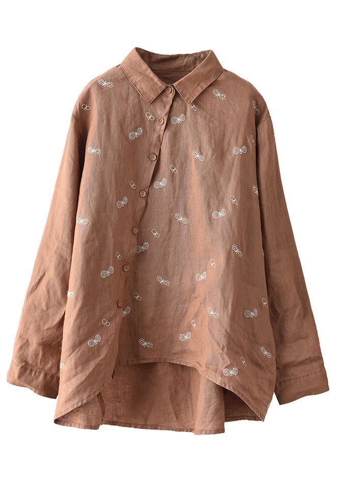 Chic Khaki Peter Pan Collar Button Fall Asymmetrical Design Top Long Sleeve