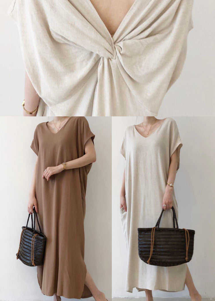 Elegant Coffee Side Open Cotton Short Sleeve Long Dresses