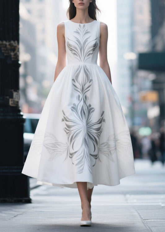 Elegant White Print Exra Large Hem Silk Cotton Dress Summer