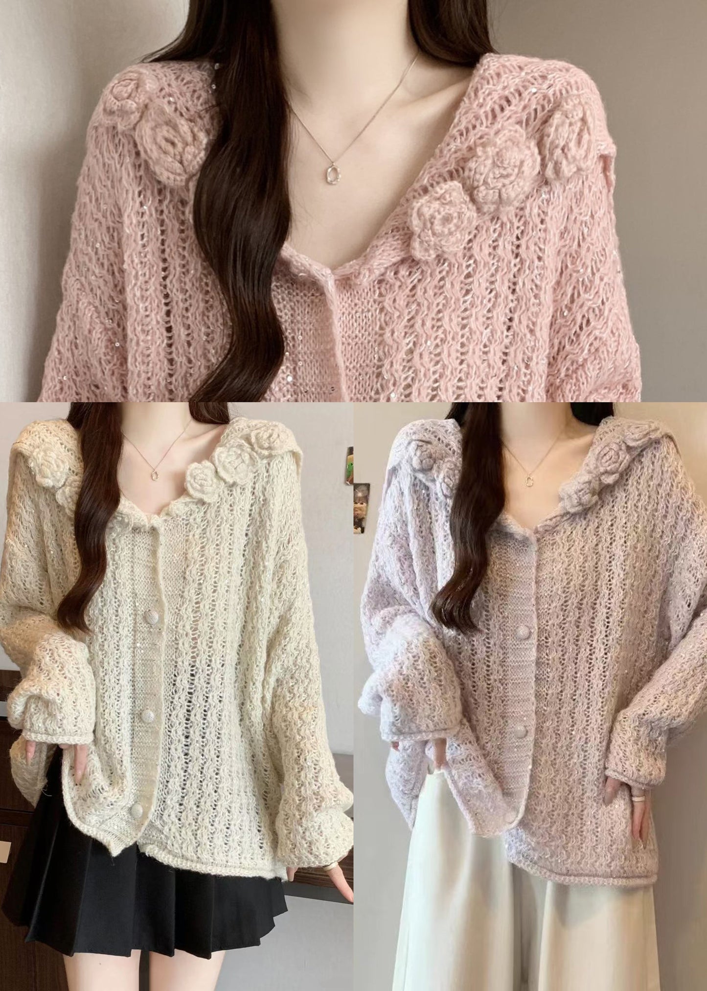Classy Lavender Sailor Collar Floral Knit Cardigan Fall