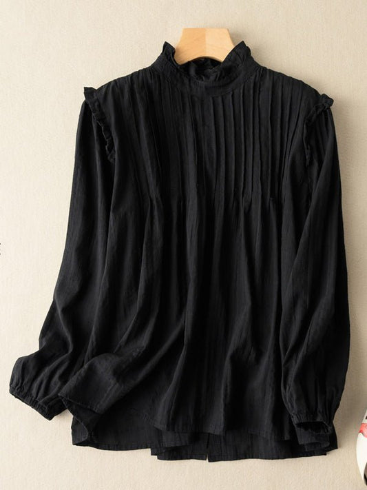 100% Natural Fabric Stand Collar Pleated Literary Retro Shirt