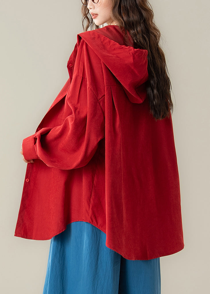 Plus Size Red Hooded Button Cotton Shirt Spring
