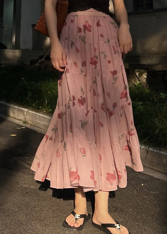 Beautiful Pink Wrinkled Print Elastic Waist Chiffon Skirts Spring