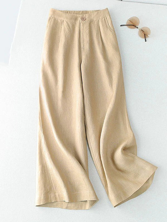 Solid Color Straight Casual High Waist Ninth Linen Pants