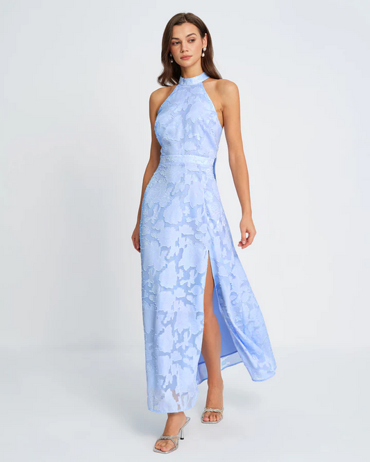 Light Blue Halter Jacquard Open Back Slit Maxi Dress