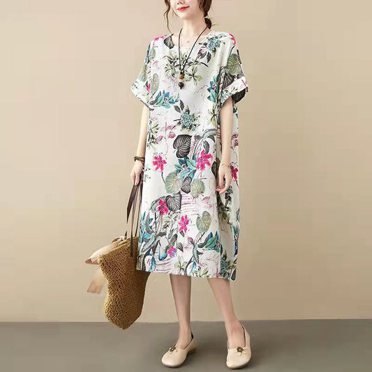 women floral cotton dresses plus size clothing shirt dress vintage big pockets short sleeve cotton clothing dress