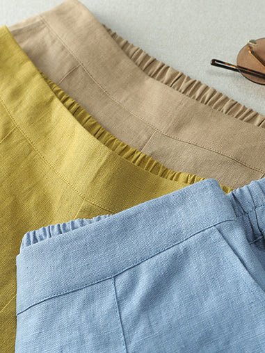 100% Linen Wide-Leg Casual Cropped Pants With Pockets