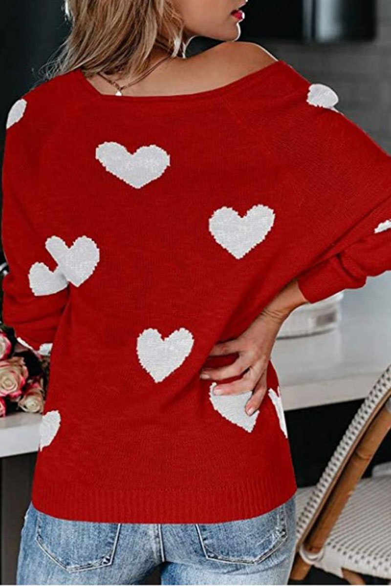 Heart Print V-Neck Knitted Sweater