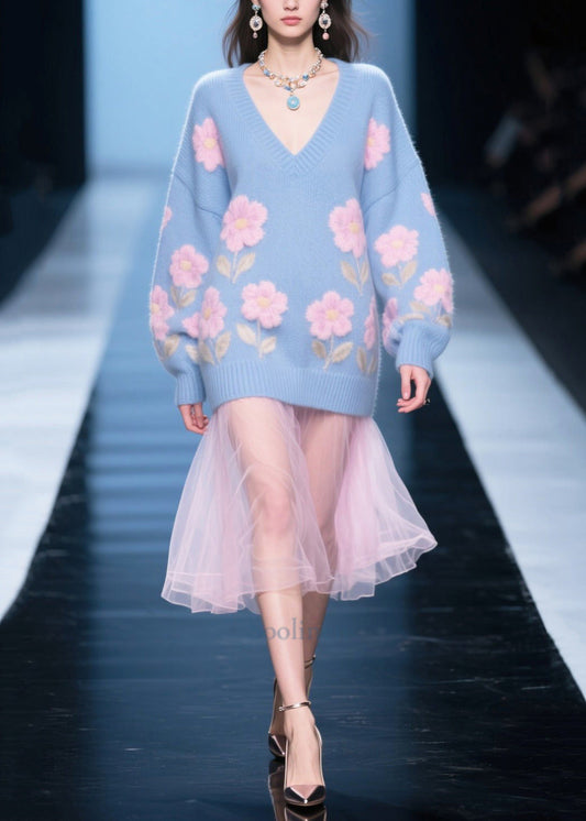 Women Blue Patchwork Tulle Flower Jacquard Knit Dress Winter