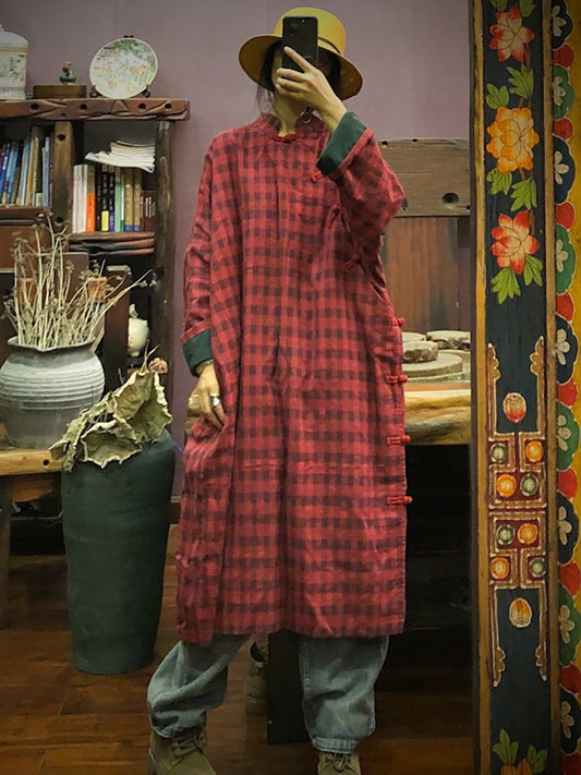 Women Stand Collar Button Cotton Robe Dress