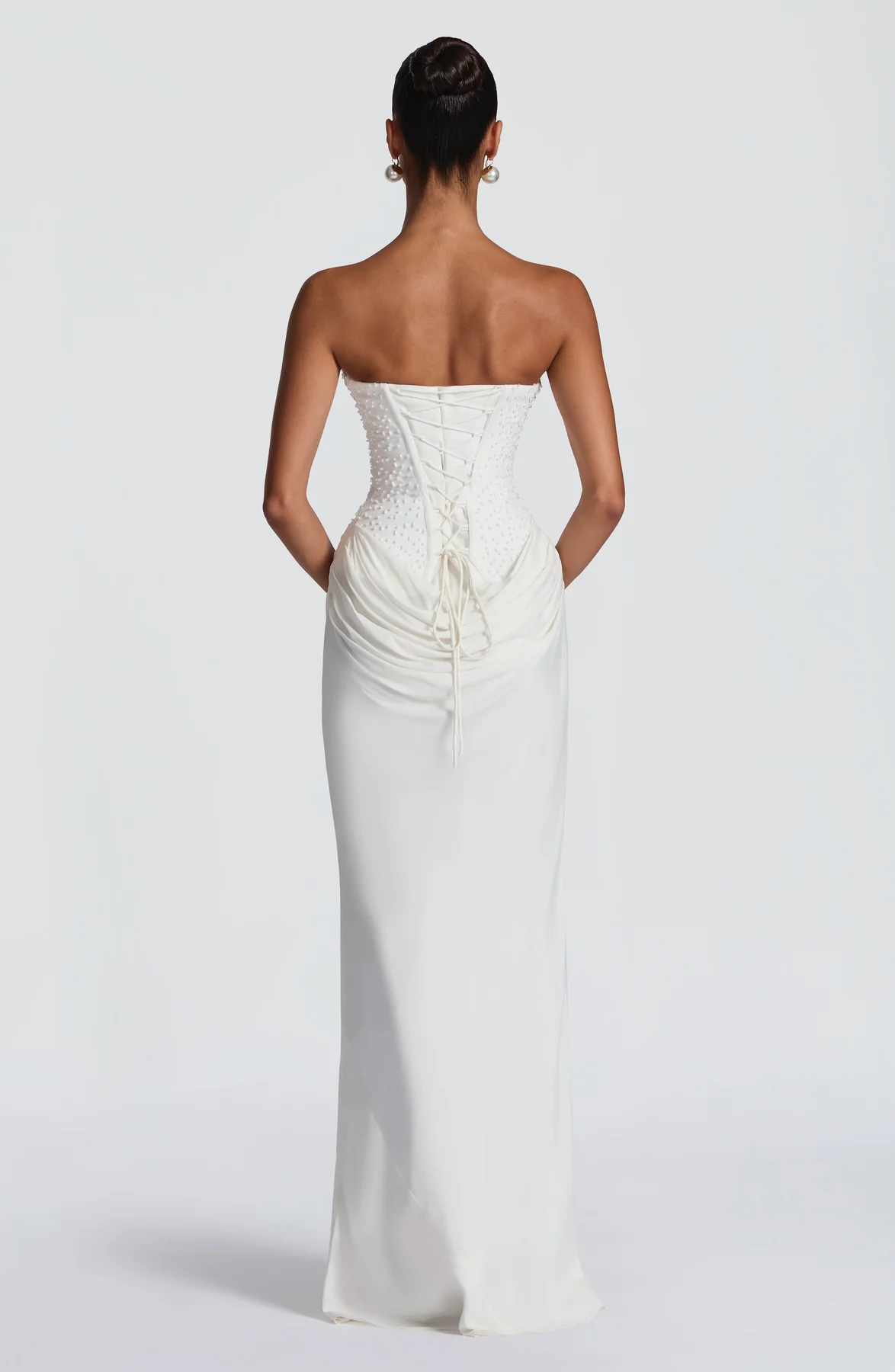 White Beaded Strapless Corset Lace-Up Ruched Maxi Dress | Luxury Elegant Wedding Evening Gown