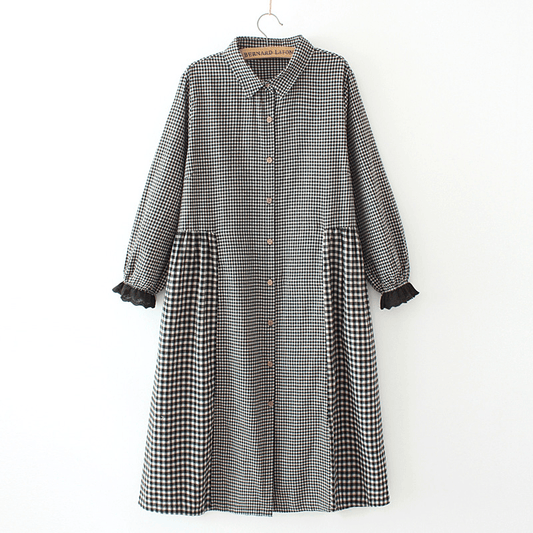 Oversize patchwork cotton Dresses Wardrobes Tunic Tops yellow plaid Dress