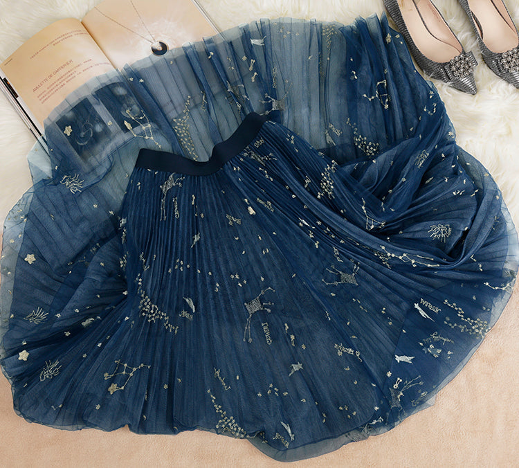 Beautiful Blue Print tulle Pleated Skirts Summer