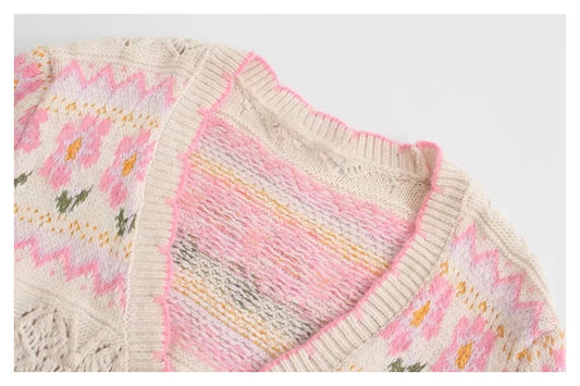 New sweet hollow flower jacquard V-neck knitted coat sweater 7373