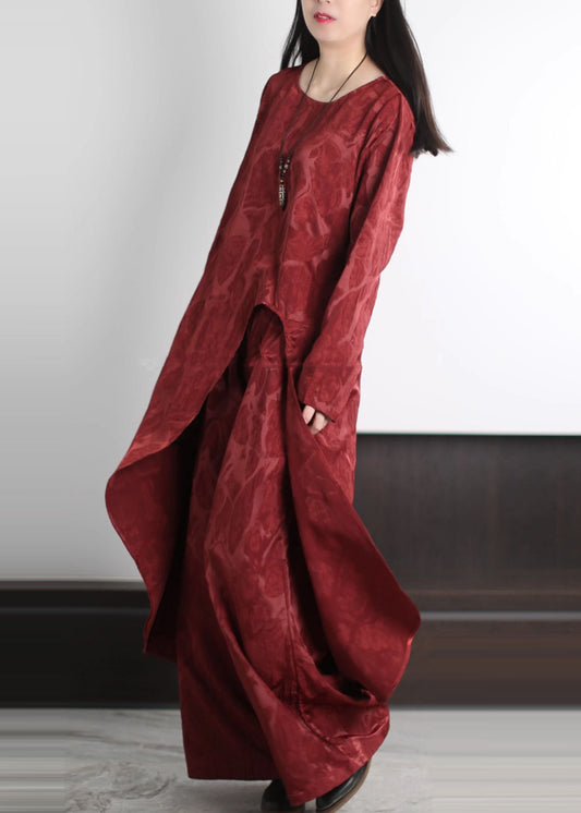 Fine Red Asymmetrical Jacquard Silk Two Pieces Set Spring
