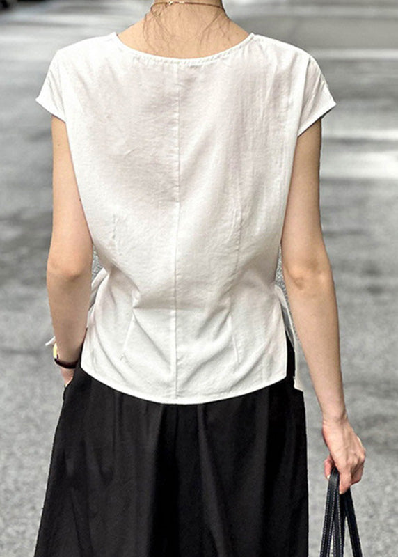Natural White O-Neck Wrinkled Top Summer