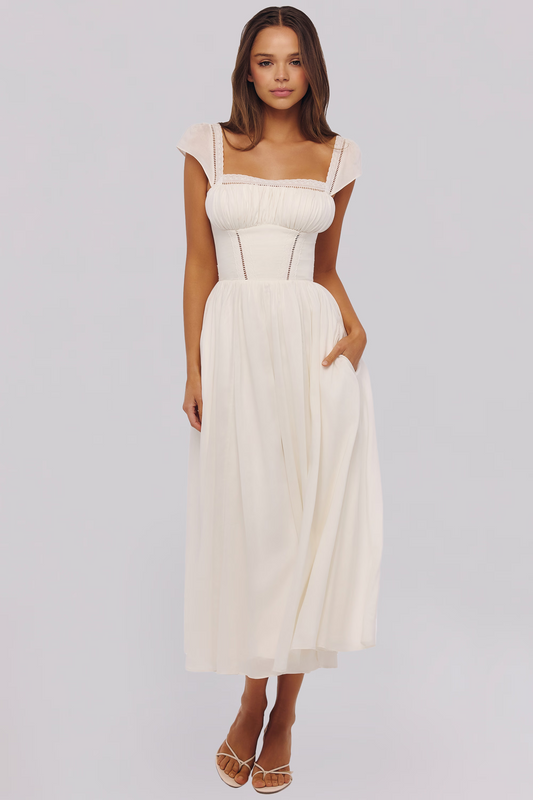 White Square Neck Lace Trim Back Bow Tie A-Line Midi Dress