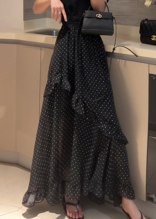 Fine Black Dot Ruffled Side Open Patchwork Chiffon Skirt Summer