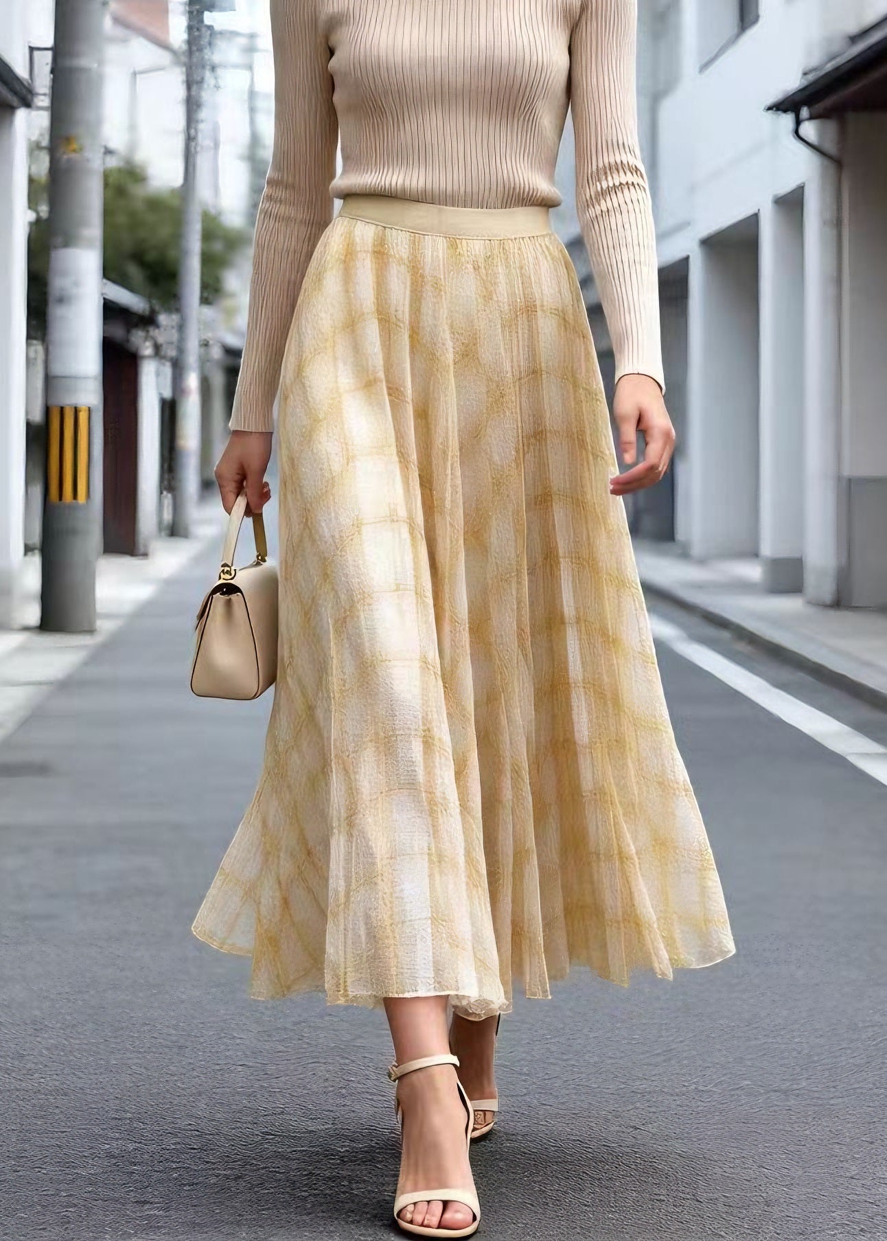 Elegant Yellow Plaid Wrinkled Tulle Skirt Summer