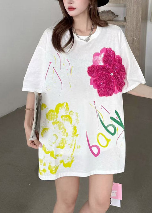 DIY White Oversized Floral Decorated Cotton Tank Tops Summer