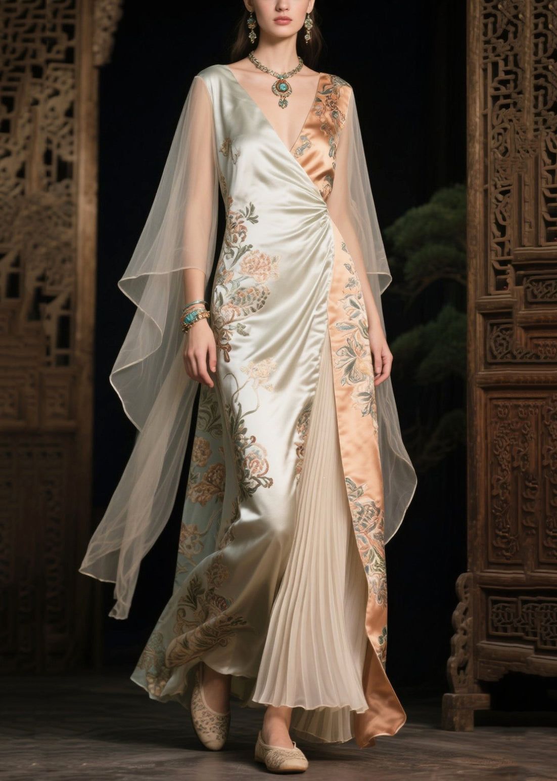 Women Asymmetrical Patchwork Tulle Evening Dress Cloak Sleeves