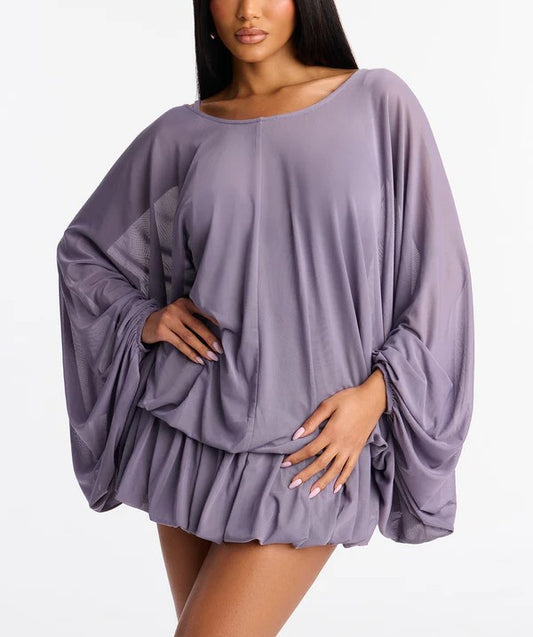 Dusty Purple Sheer Batwing Sleeve Back Tie Bubble Hem Mini Dress