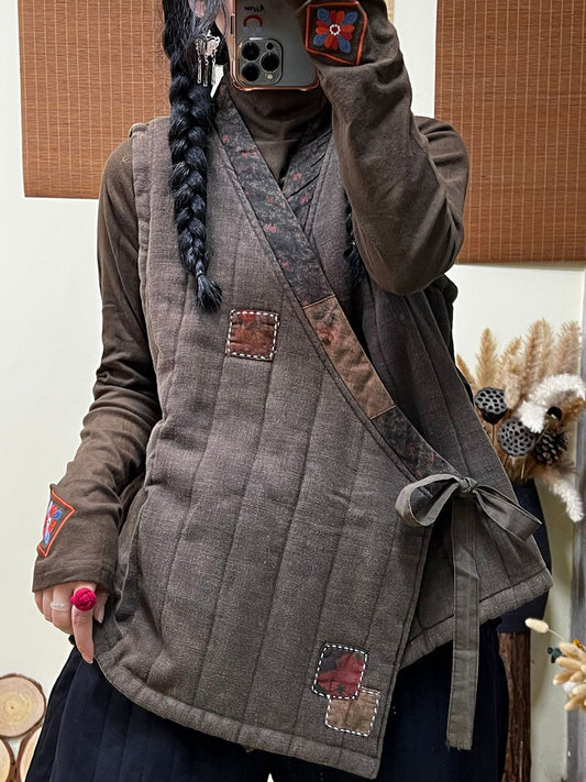 Women Winter Ethnic Style Patch Loose Belt V-Neck Vest
