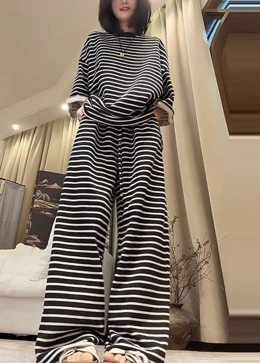 Plus Size Black Oversized Striped Cotton Two Pieces Set Fall