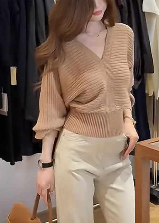 Fashion Khaki V Neck Patchwork Cozy Cotton Knit Sweater Fall