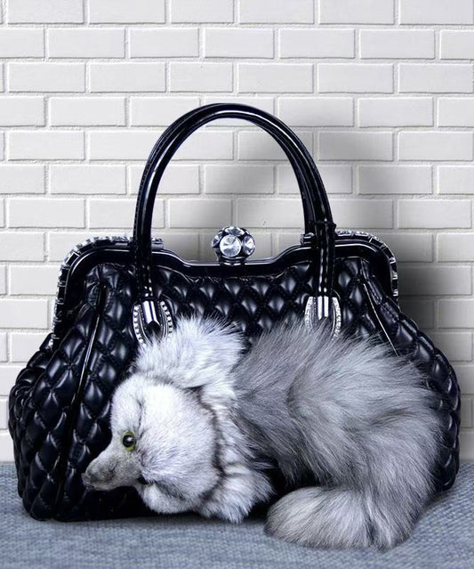 Style Red Fox Fur Decorated Faux Leather Tote Handbag