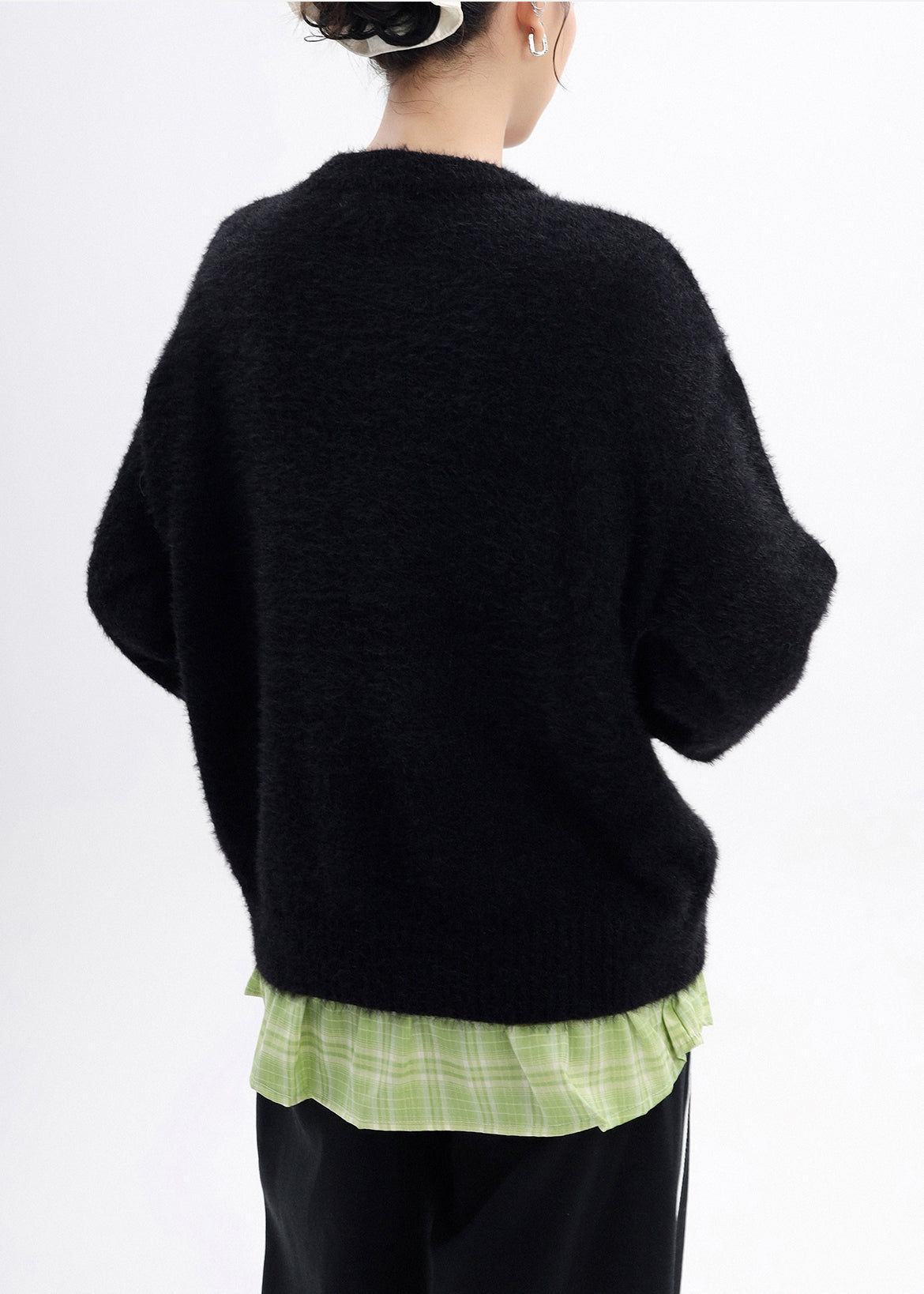 DIY Black Oversized Apple Embroidered Knit Fake Two Piece Pullover Winter